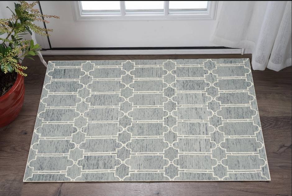 Elegant Blue Wool Geometric Rug