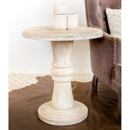 Round Rustic White Distressed Solid End Table