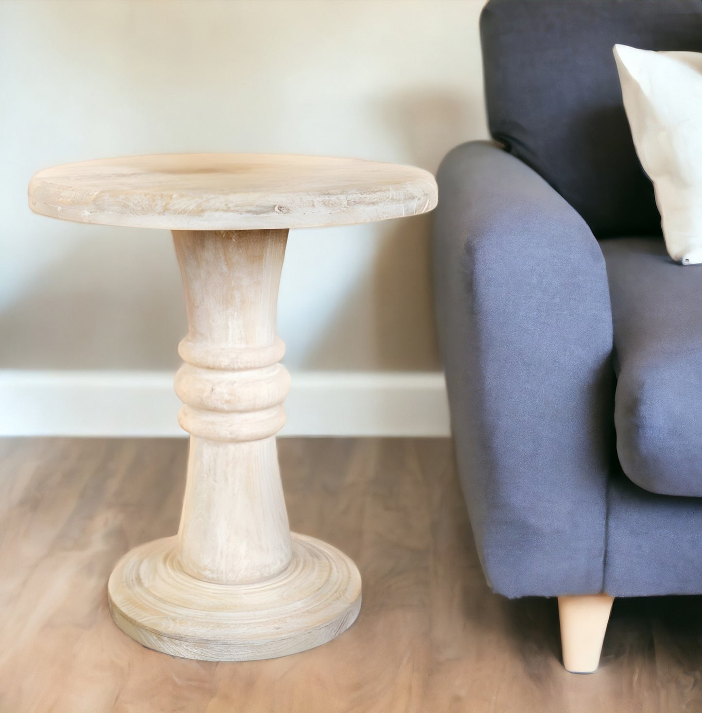 Round Rustic White Distressed Solid End Table